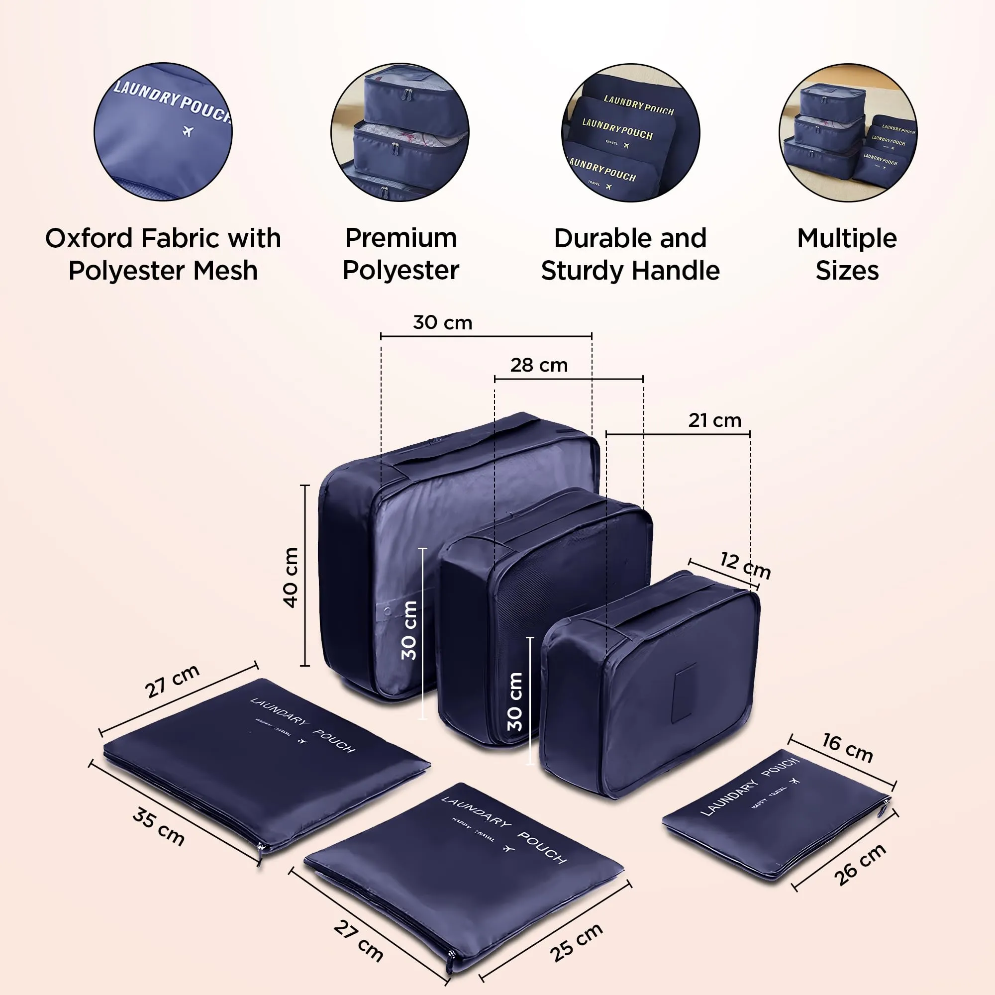 UMAI 6-piece Vacuum-Compressed Travel Organizer   Pouch Packing Cubes |Cosmetics/Laundry/Socks/Shoes Organizer Pouch| Waterproof, Lightweight, Foldable Storage Bag | Navy